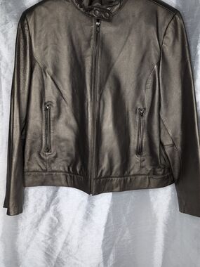 Terry Lewis Brown/Coper Leather Jacket Full Zip Snap Band Collar L